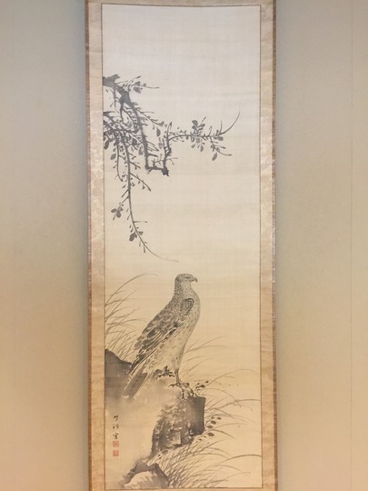 吉沢玉昌　鷹の図　掛け軸　紙本　箱無　書画、骨董品、美術品 Amazon | 真作【渡鹿庵】[衛藤良行 7038 掛軸 日本画 老松に鷹の