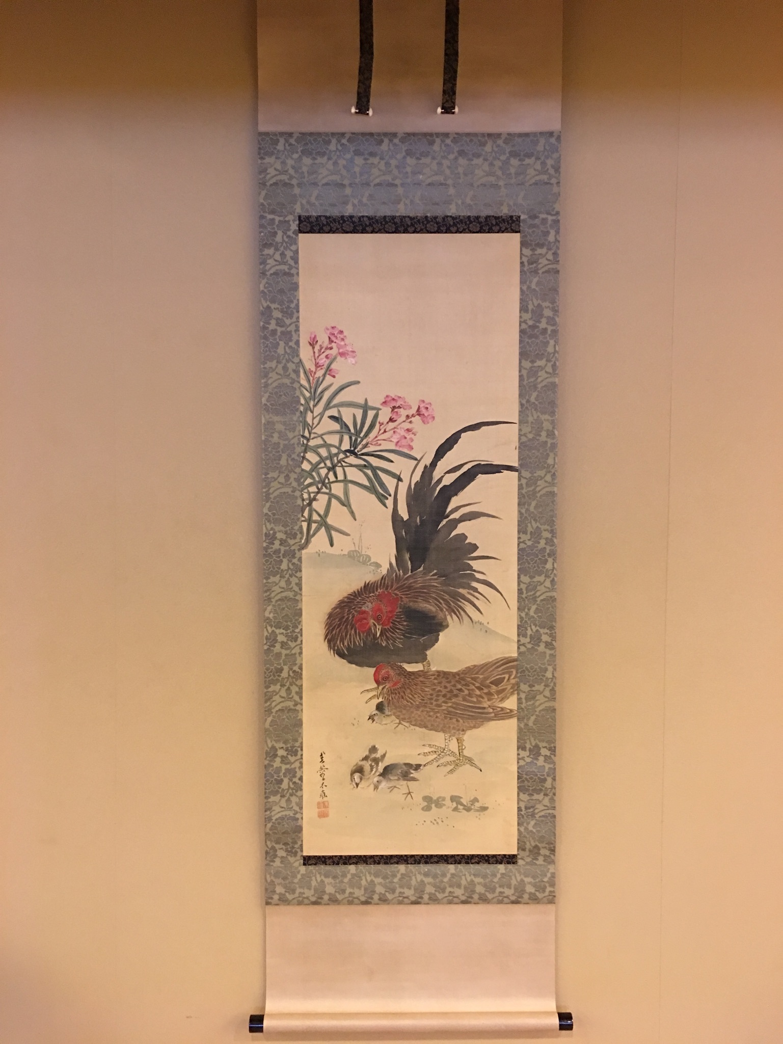 真作/土肥蒼樹/鶏図/母子鶏図/花鳥図/鳥図/掛軸☆