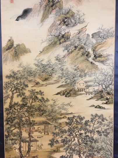 真作/幕末の南画家/日根野対山/山水画賛/布袋屋掛軸A-383
