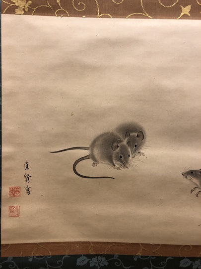 郎世寧 十二生肖・子（鼠） 鼠図 三尺中堂 掛軸 174×77cm 鑑賞用