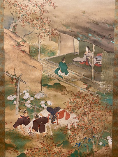 【真作】掛軸　渓流と山村の風景　彩色画　日本画　情緒ある風景画　合箱入　S84 真作】掛軸 渓流と山村の風景 彩色画 日本画 情緒ある風景画