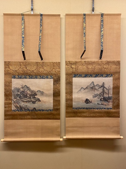模写/雪舟/山水帆船画賛/中国画/桐題箱二重箱付/布袋屋掛軸HJ-