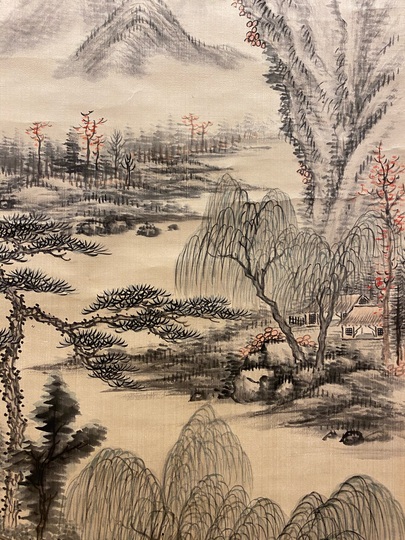 d2226□良□幕末明治時代田能村直入筆水墨画山水図掛軸 検 古