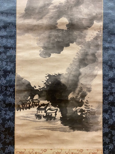 鑑定 京都画家・平井 楳仙 筆 青山夏景山水図 掛軸 軸先象牙