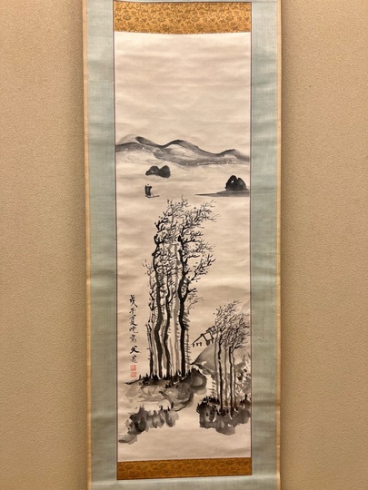 【超安い】 水墨画 山水画 作品 三月 印章付き（雪舟の三幅対の水墨画、国内 絵画