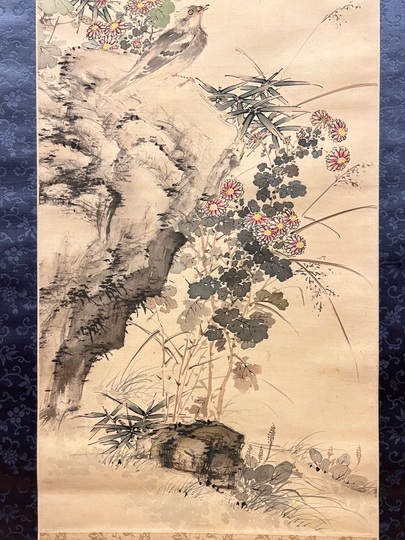 真作/山本梅逸/四季草花小禽図/桐太巻箱付/布袋