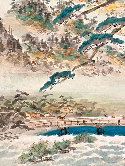 真作/池田遙邨/山水図/嵐峡/嵐山/遊覧船/掛軸/名家伝来/AE-120 真作/池田遙邨/山水図/嵐峡/嵐山/遊覧船/掛軸/名家伝来/AE-120