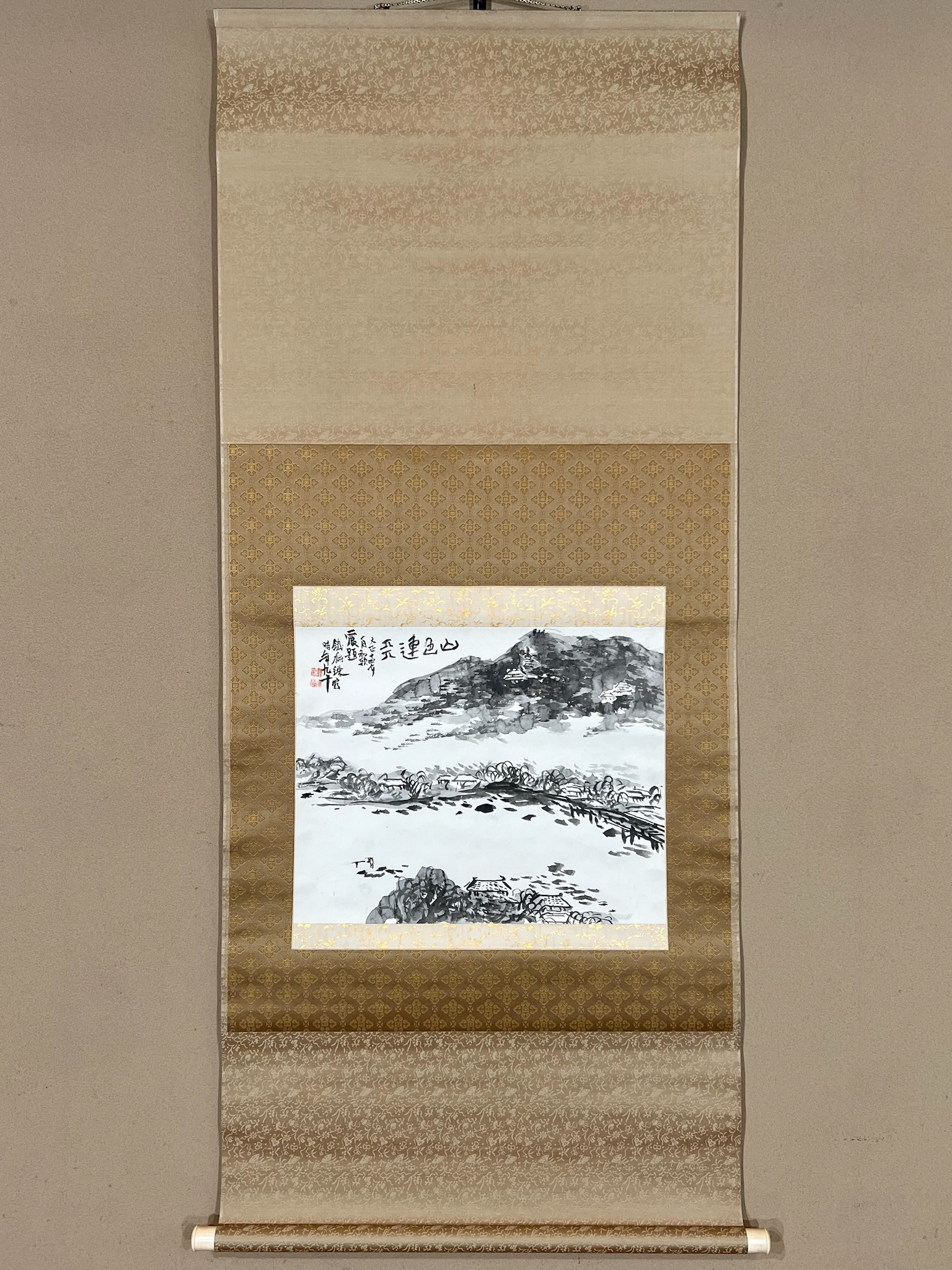 山本丘人の掛け軸 掛軸 掛け軸 和風モダン掛 富士と桜図 横山大観 約横35cm×縦42cm ミニ