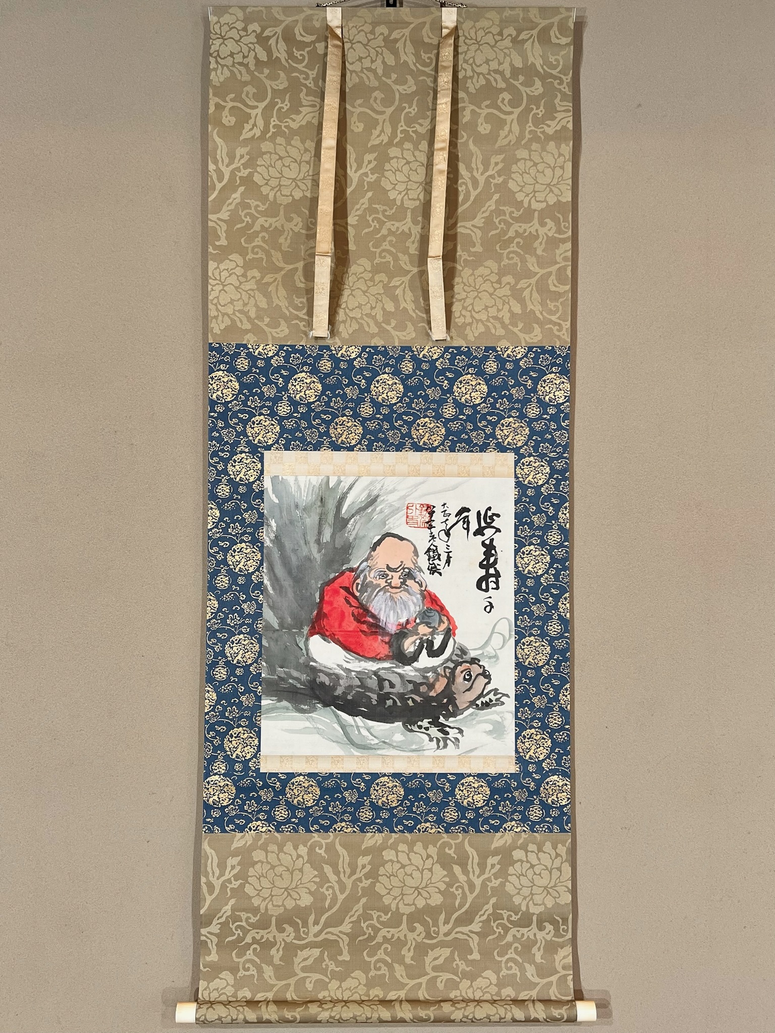 寿老人図　作家印有　掛け軸　絹本　箱無し　仏画　仏教美術　書画、骨董品、美術品 寿老人図 作家印有 掛け軸 絹本 箱無し 仏画 仏教美術 書画